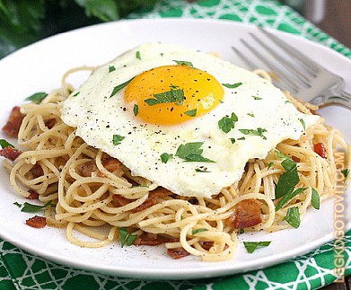 Фото рецепта: Спагетти с беконом и жареным яйцом