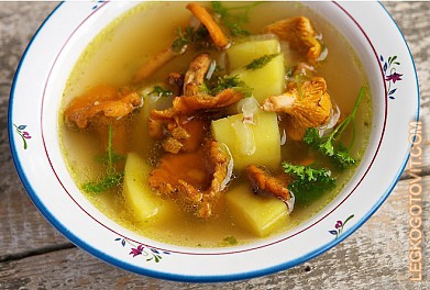 Фото рецепта: Куриный суп с лисичками