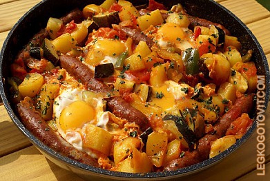 Фото рецепта: Овощная сковородка с сосисками и яйцами