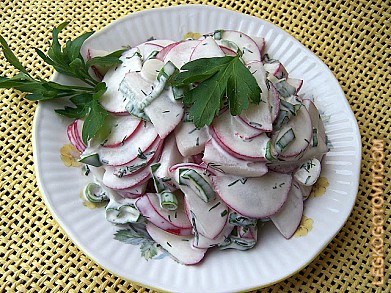 Фото рецепта: Салат из редиса и зеленого лука со сметаной