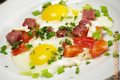 Фото рецепта: Яичница-глазунья с колбасой и помидорами